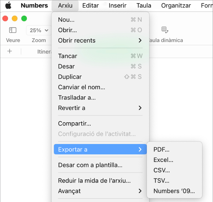 Menú “Arxiu” obert amb “Exporta a” seleccionat i el submenú corresponent que mostra les opcions d’exportació per a PDF, Excel, CSV i Numbers ’09.