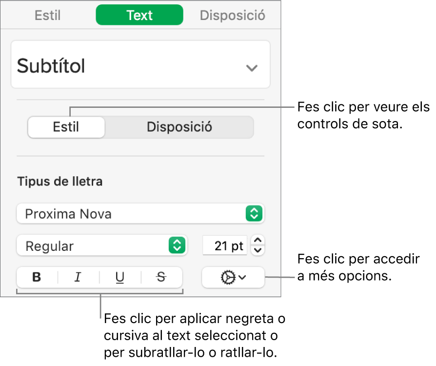 Els controls d’estil de la barra lateral, amb llegendes per als botons “Negreta”, “Cursiva”, “Subratlla” i “Ratlla”.