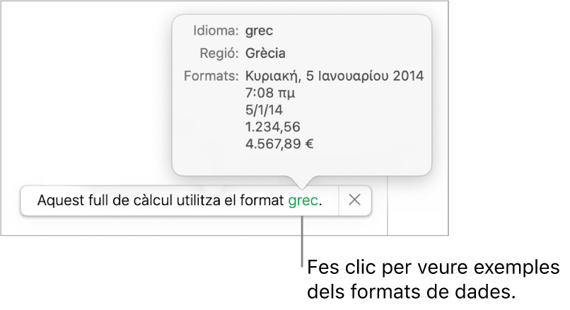 La notificació de la diferència de configuració d’idioma i regió, amb exemples del format d’aquell idioma i regió.