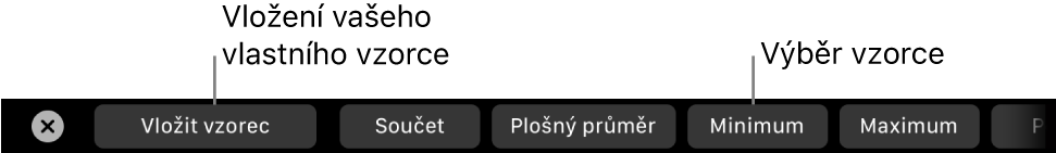 Touch Bar MacBooku Pro s ovládacími prvky pro vložení vlastního vzorce a pro výběr běžně používaných vzorců