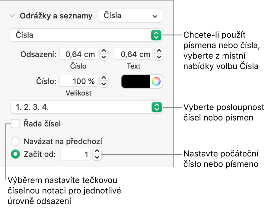 Ovládací prvky pro změnu stylu čísel nebo rozestupů v seznamu