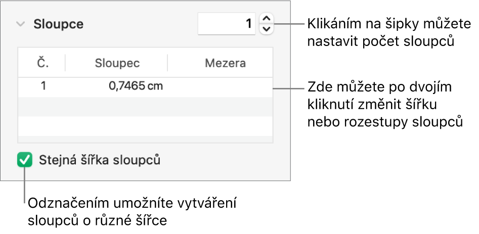 Ovládací prvky v oddílu Sloupce pro změnu počtu sloupců a šířky každého sloupce