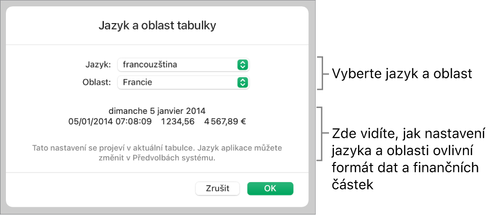 Panel Jazyk a oblast obsahující ovládací prvky pro jazyk a oblast a ukázku formátu, včetně data, času, desetinného oddělovače a měny.