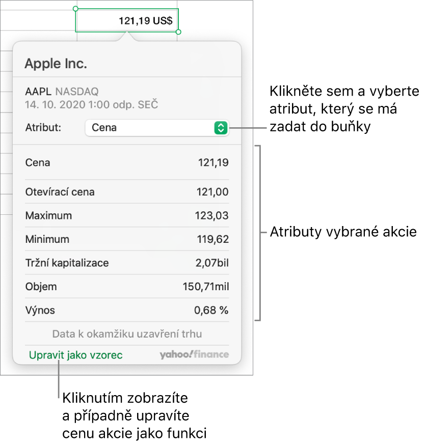 Dialogové okno pro zadávání informací o atributech akcií s vybranými akciemi Applu