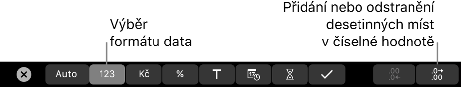 Touch Bar MacBooku Pro s ovládacími prvky pro výběr formátu dat a přidání nebo odebrání desetinných míst čísel
