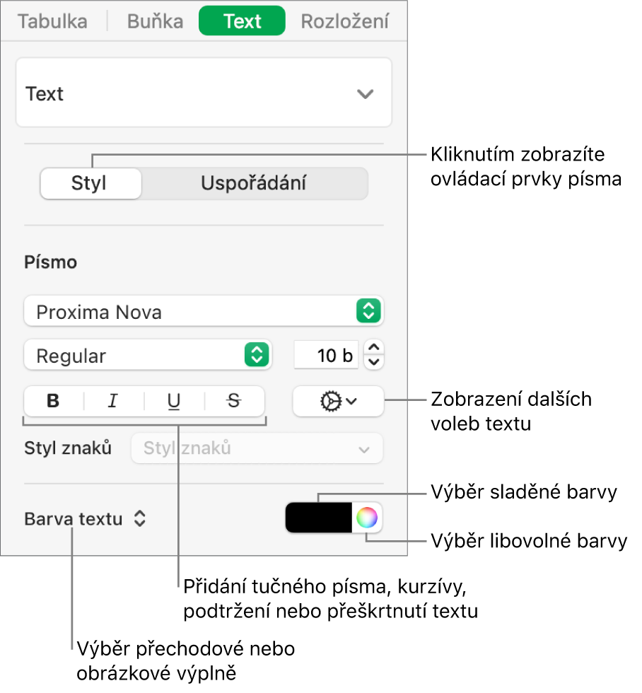 Ovládací prvky pro nastavení stylu textu v tabulce