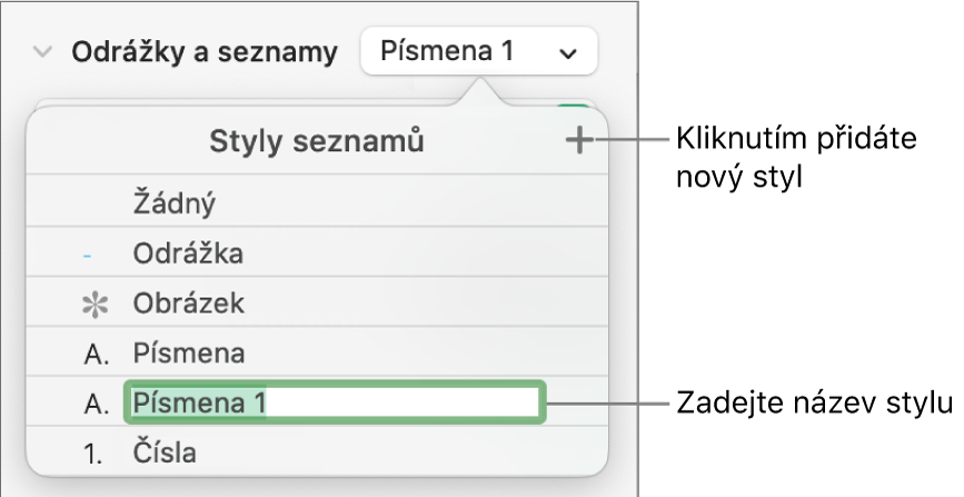 Nabídka Styly seznamů s tlačítkem Přidat v pravém horním rohu a maketou názvu stylu s vybraným textem