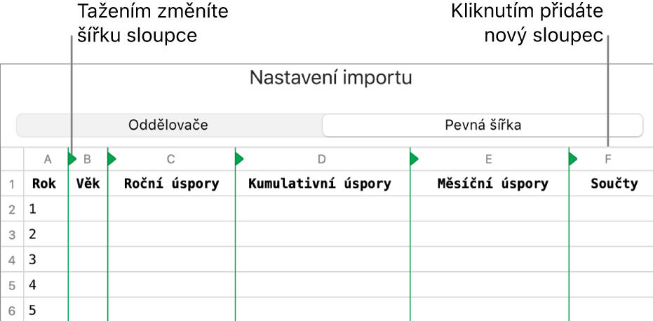 Nastavení importu pro text s pevnou šířkou.