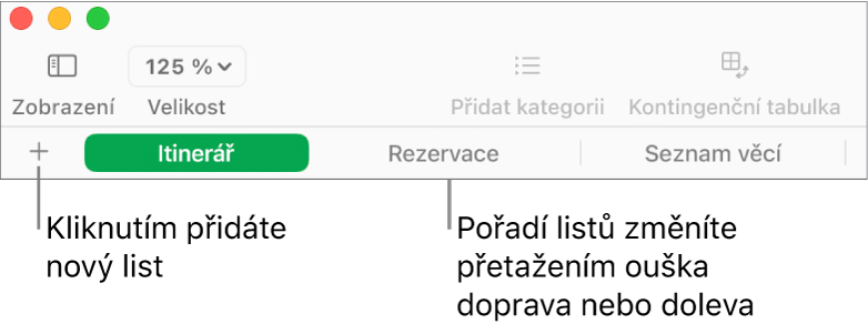 Panel se štítky listů, umožňující přidat nový list a změnit uspořádání listů