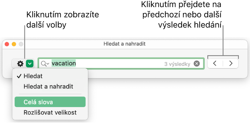 Okno Hledat a nahradit s místní nabídkou obsahující volby Hledat, Hledat a nahradit, Celá slova a Rozlišovat velikost. Pomocí šipek na pravé straně můžete přejít na předchozí nebo následující výsledek hledání.