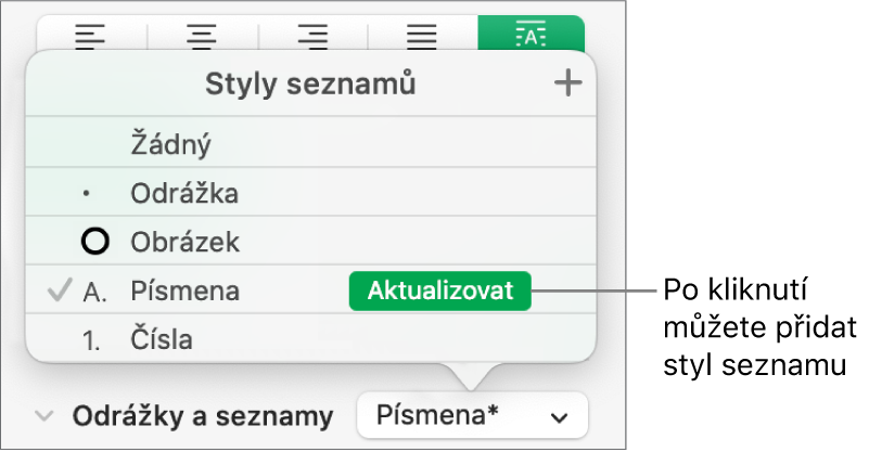 Místní nabídka Styly seznamů s tlačítkem Aktualizovat u názvu nového stylu