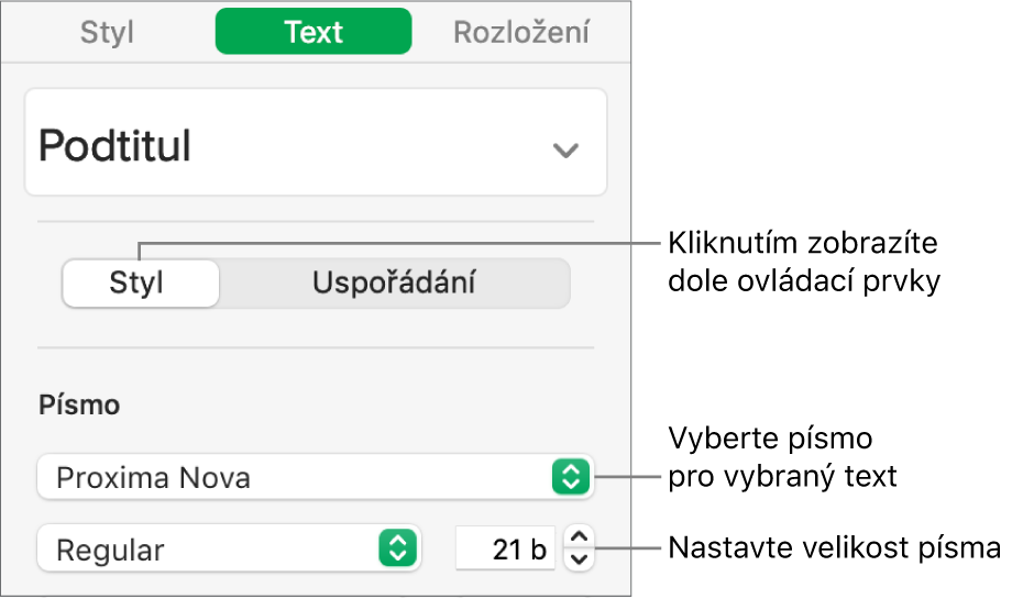 Textové ovládací prvky pro nastavení písma a velikosti písma v části Styl na bočním panelu Formát