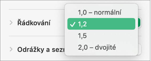 Místní nabídka Řádkování s volbami pro jednoduché a dvojité rozestupy a dalšími volbami