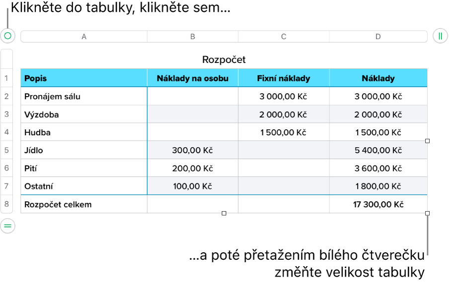 Vybraná tabulka s bílými čtverečky pro změnu velikosti