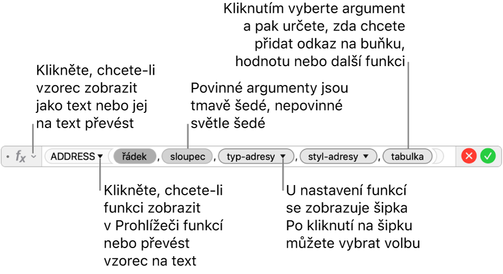 Editor vzorců s funkcí ADDRESS a tokeny jejích argumentů