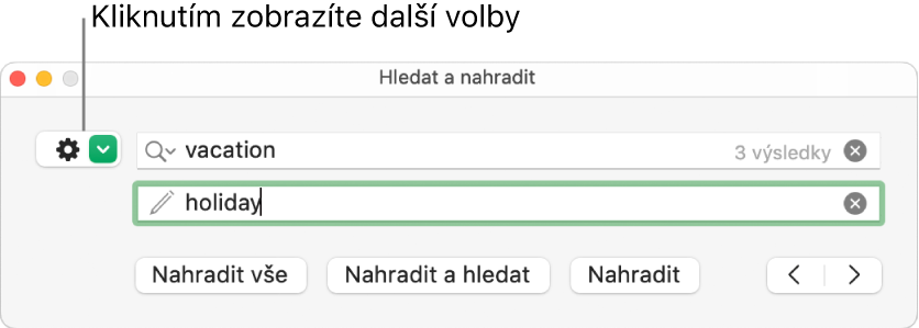 Okno Hledat a nahradit s popiskem tlačítka zobrazujícího další volby