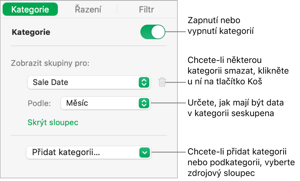 Boční panel kategorií s volbami pro vypnutí kategorií, smazání kategorií, přeskupení dat, skrytí zdrojového sloupce a přidání kategorií