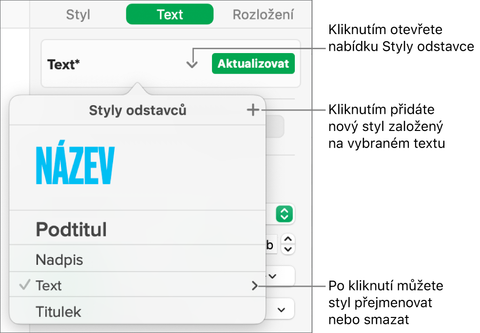 Nabídka Styly odstavců s ovládacími prvky pro přidání nebo změnu stylu