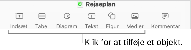 Værktøjslinjen i Numbers med knapperne Indsæt, Tabel, Diagram, Tekst, Figur og Medier.