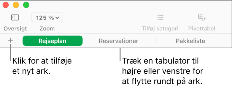 Fanelinjen til tilføjelse af et nyt ark og organisering af ark.