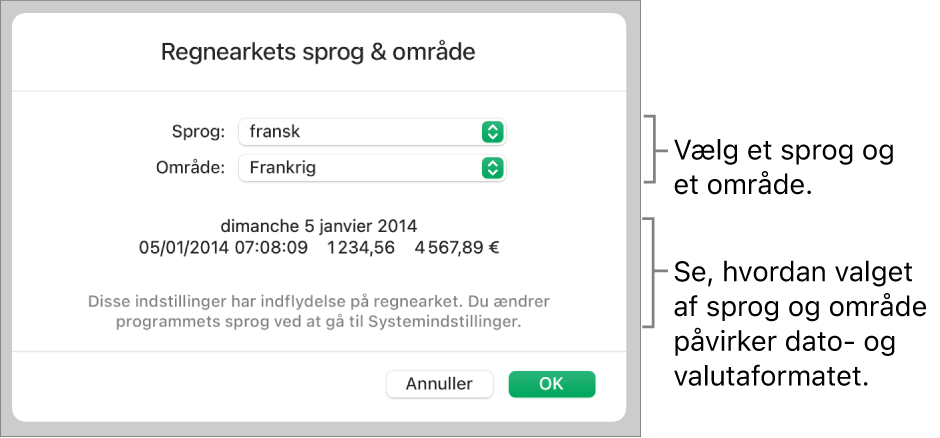 Vinduet Sprog & område med betjeningsmuligheder til sprog og område og et formateksempel, der viser dato, tid, decimaltegn og valuta.