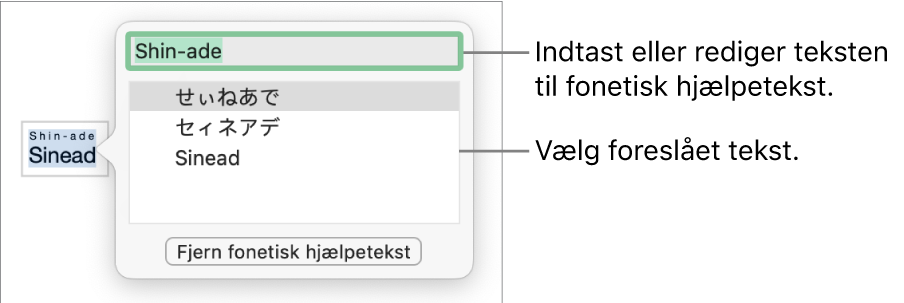 Den fonetiske hjælp åben til et ord med billedforklaringer til tekstfeltet og den foreslåede tekst.