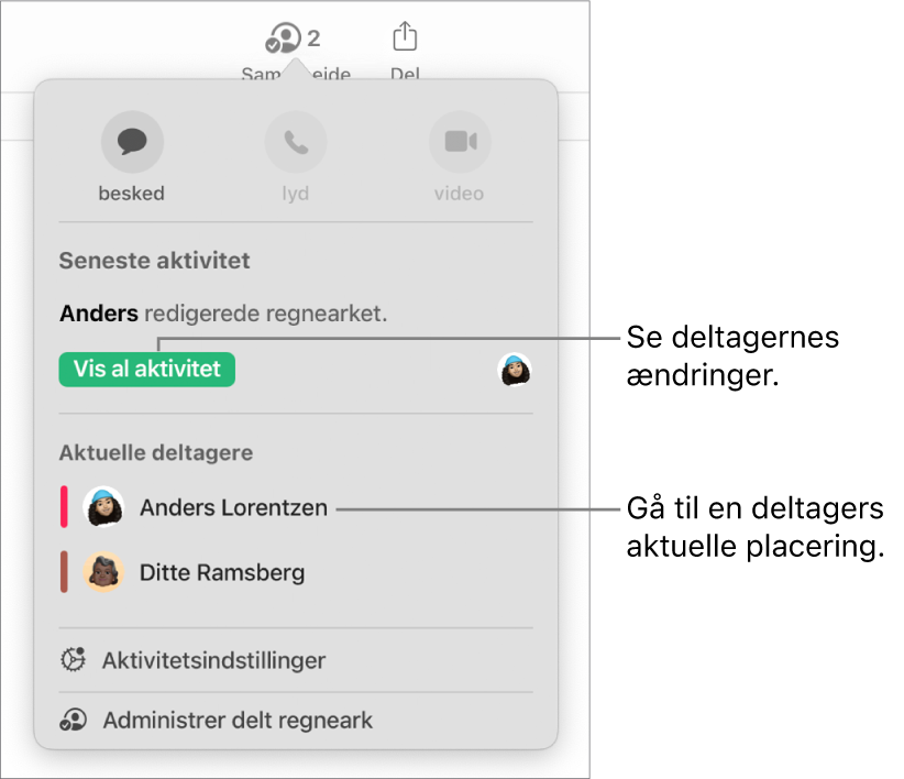 Samarbejdsmenuen, hvor to aktuelle deltagere er angivet.