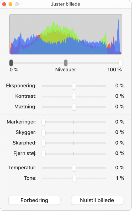 Billedet Juster billede med mærker til indstilling af eksponering, kontrast, mætning, markeringer, skygger, skarphed, fjern støj, temperatur og tone.