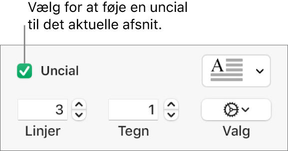 Afkrydsningsfeltet Uncial er valgt, og til højre for det vises en lokalmenu. Under det vises betjeningsmuligheder til indstilling af linjehøjde, antal tegn og andre indstillinger.