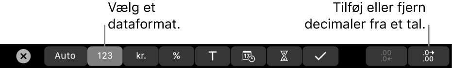 MacBook Pro Touch Bar med betjeningsmuligheder til at vælge et dataformat og tilføje eller fjerne decimalpladser fra et tal.