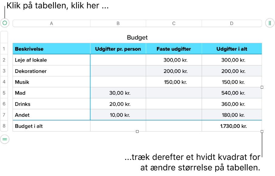 En valgt tabel med hvide kvadrater til ændring af størrelse.