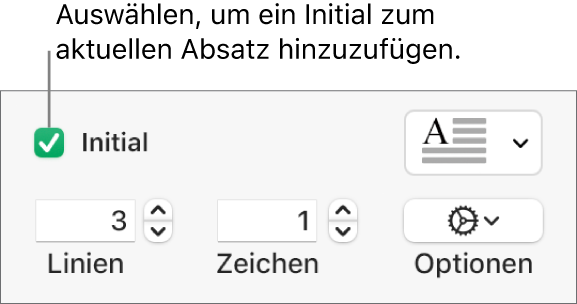 Das Feld „Initial“ ist markiert und rechts davon wird ein Einblendmenü angezeigt; Steuerelemente zur Einstellung der Zeilenhöhe, der Anzahl der Zeichen und weitere Optionen erscheinen darunter.