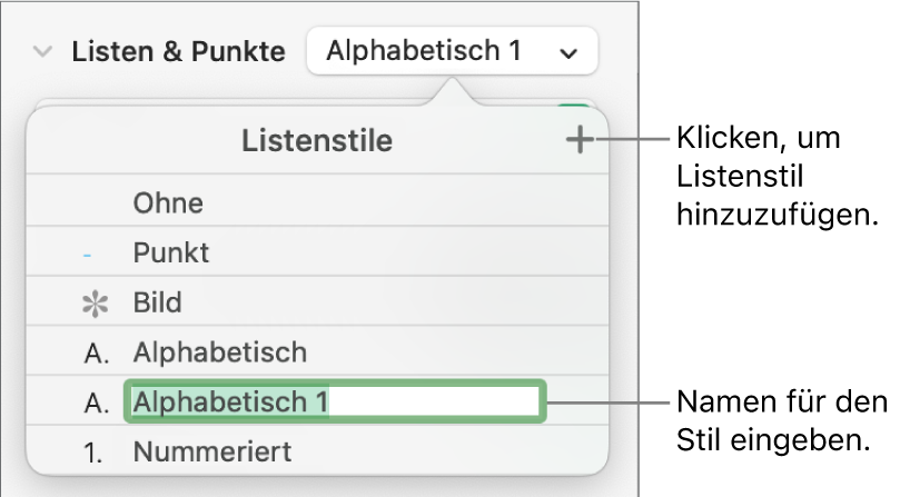 Das Einblendmenü „Listenstile“ mit der Taste „Hinzufügen“ in der oberen rechten Ecke und einem Platzhalter für den Stilnamen, dessen Text ausgewählt ist.