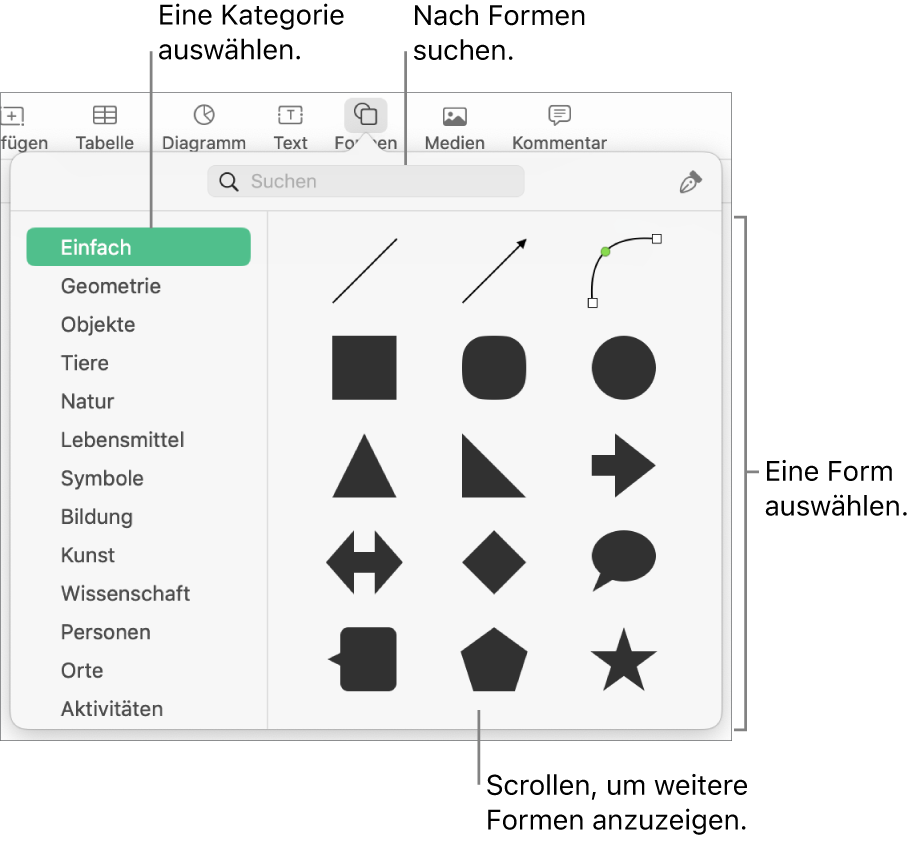 Die Formensammlung mit Kategorien auf der linken Seite und rechts angezeigten Formen Du kannst das oben angezeigte Suchfeld verwenden, um Formen zu finden. Durch Scrollen kannst du weitere Formen anzeigen.