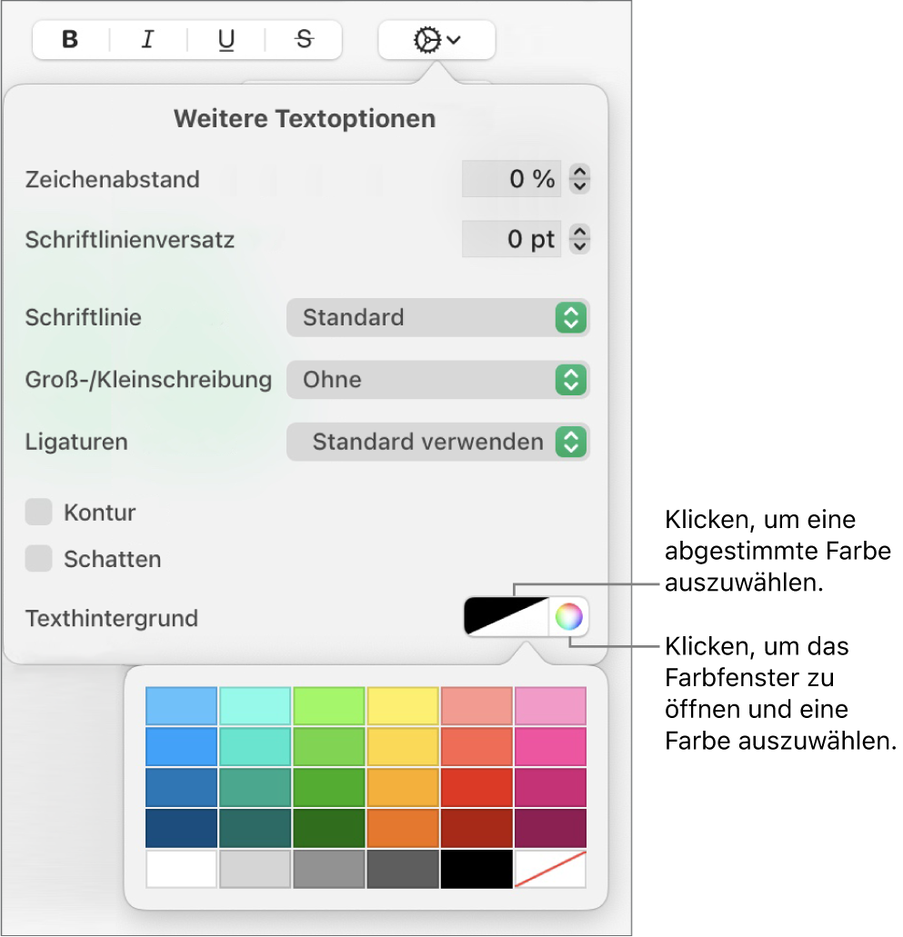 Steuerelemente zum Auswählen einer Füllfarbe für Zeichen.