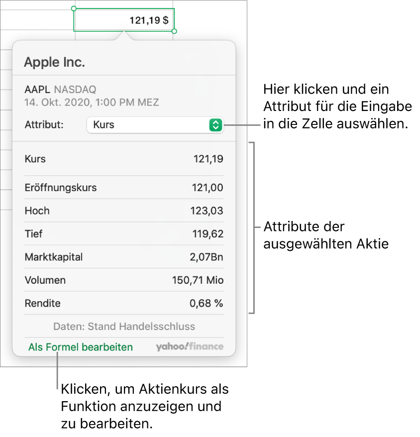 Das Dialogfenster zum Eingeben von Informationen zu Aktienattributen, in dem „Apple“ die ausgewählte Aktie ist.