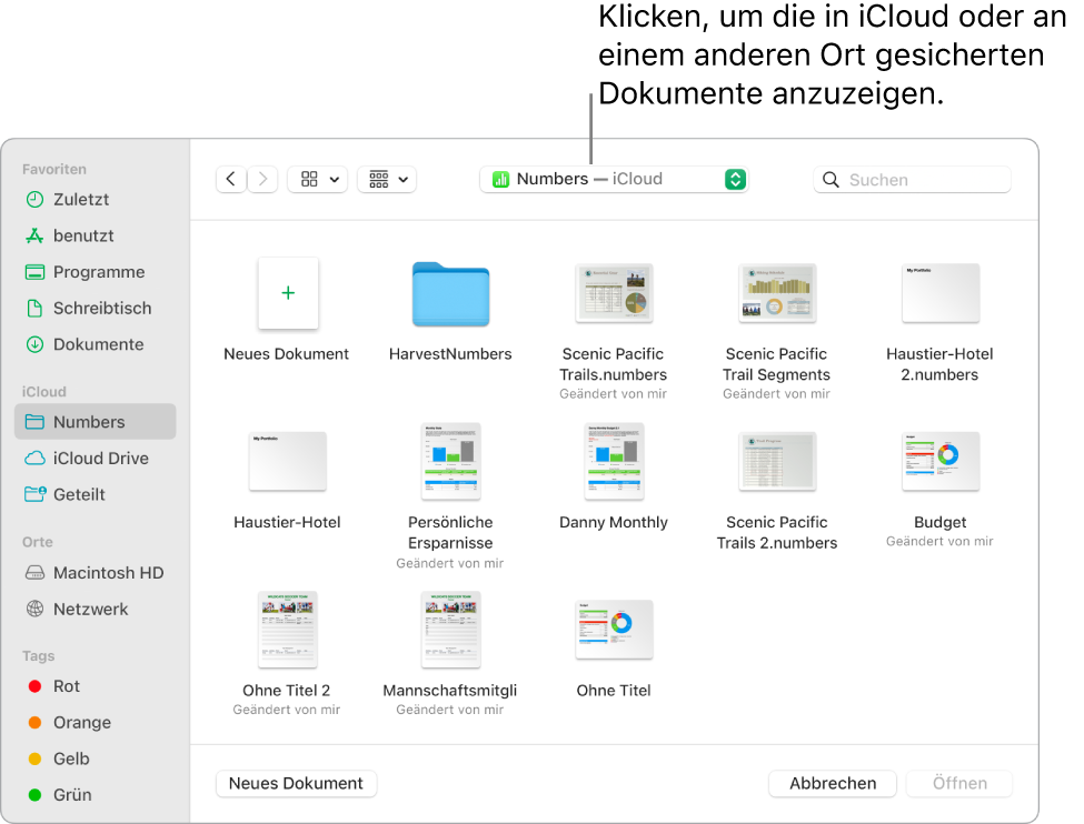 Das Dialogfenster „Öffnen“ mit der geöffneten Seitenleiste links und dem Einblendmenü oben, in dem iCloud Drive ausgewählt ist. Im Dialogfenster werden die Ordner für Keynote, Numbers und Pages und die Taste „Neues Dokument“ angezeigt.