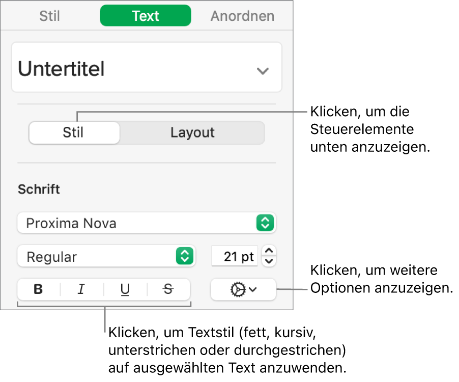 Die Steuerelemente für den Stil in der Seitenleiste mit Beschriftungen für die Tasten für „Fett“, „Kursiv“, „Unterstrichen“ und „Durchgestrichen“