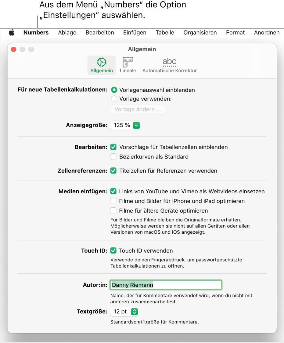 Der Bereich „Allgemein“ des Numbers-Einstellungsfensters mit den Einstellungen „Für neue Tabellenkalkulationen“, „Anzeigegröße“, „Bearbeiten“, „Zellenreferenzen“, „Gleichungen“, „Medien einfügen“, „Touch ID“, „Autor“ und „Textgröße“.