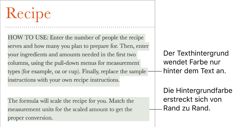 Ein Absatz, bei dem nur der Text farblich hervorgehoben ist, und ein zweiter Absatz, bei dem die farbliche Hervorhebung in einem Block von Rand zu Rand reicht.