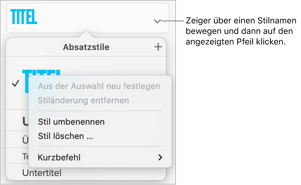 Das Menü „Absatzstile“ mit geöffnetem Kontextmenü