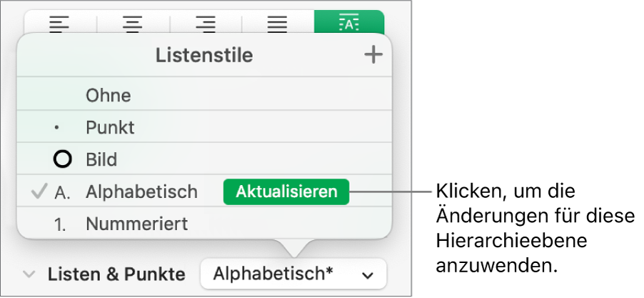 Das Einblendmenü „Listenstile“ mit der Taste „Aktualisieren“ neben dem Namen des neuen Stils