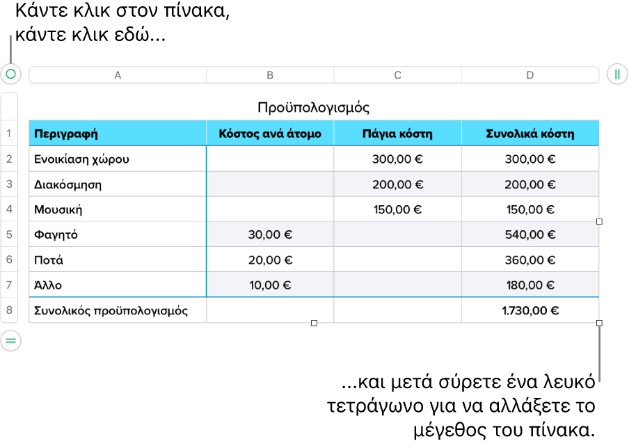 Επιλεγμένος πίνακας με λευκά τετράγωνα για αλλαγή μεγέθους.