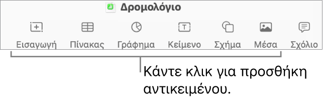 Το παράθυρο Numbers με επεξηγήσεις στα κουμπιά αντικειμένου στη γραμμή εργαλείων.