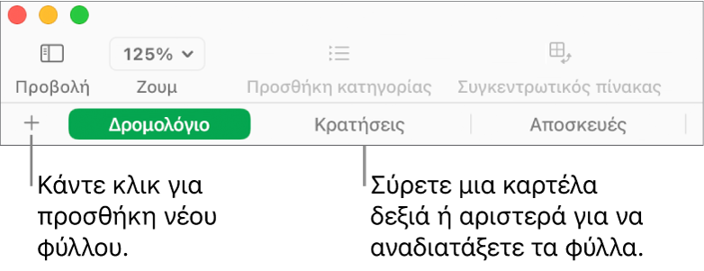 Η γραμμή καρτελών για προσθήκη νέου φύλλου και αναδιοργάνωση φύλλων.