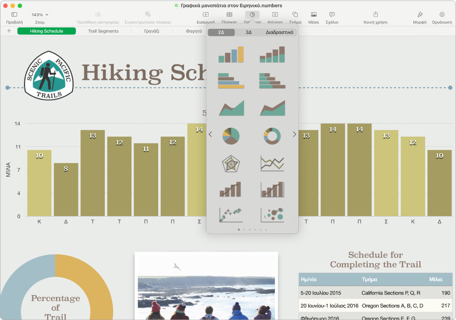 Το παράθυρο του Numbers με ανοιχτό το μενού γραφημάτων από τη γραμμή εργαλείων.