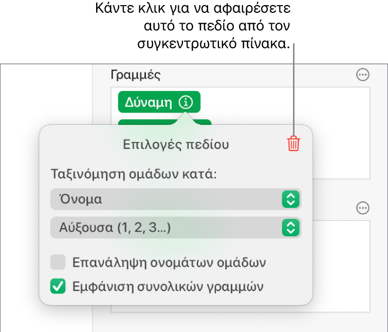 Το μενού «Επιλογές πεδίων» όπου εμφανίζονται τα στοιχεία ελέγχου για ομαδοποίηση και ταξινόμηση δεδομένων, καθώς και η επιλογή αφαίρεσης πεδίου.