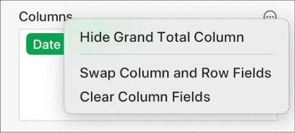 The More Field Options menu, showing the controls to hide grand totals, swap column and row fields and clear fields.