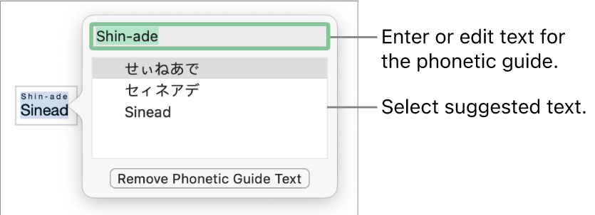 The phonetic guide open for a word, with call outs to the text field and suggested text.