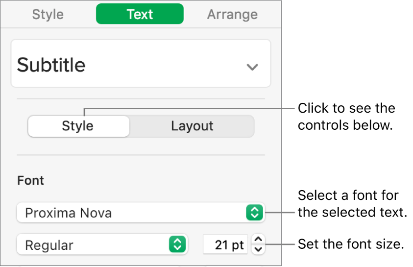 Text controls in the Style section of the Format sidebar for setting font and font size.